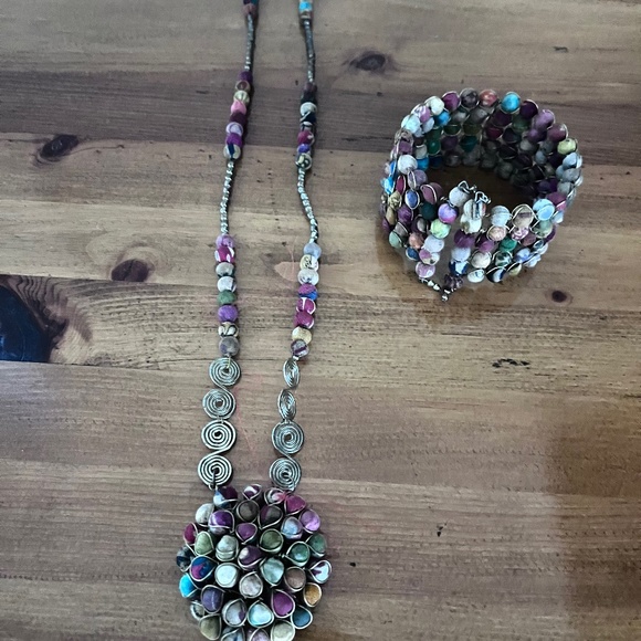 Multi colored fabric bead necklace and bracelet - Picture 1 of 4